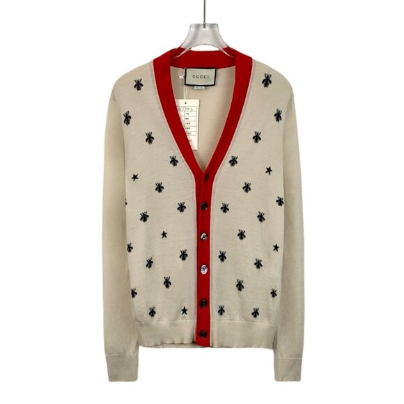 Gucci Beige Wool Cardigan With Red Trim & Insect Embroidery - Picture 1 of 7